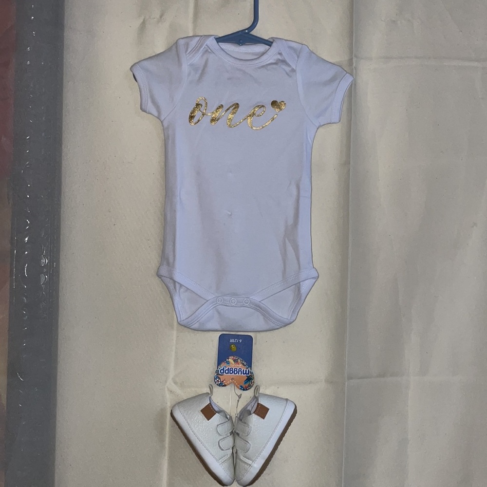 BBK White Onesie 6-12 MTH with White Shoes 6-12 Mth ((2 piece set) New with Tags